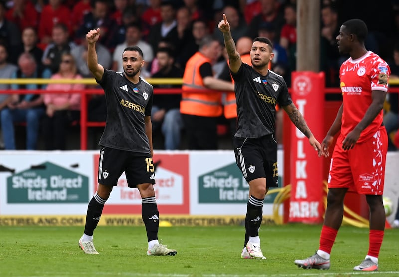 Qarabag's Leandro Andrade celebrates his side's opening goal. Photograph: Charles McQuillan/Getty Images