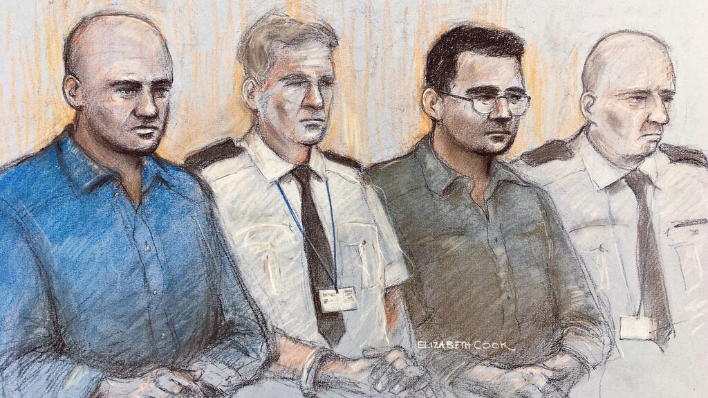Gheorghe Nica (left) and Eamonn Harrison (right) two of four men to face trial, at the Old Bailey in London, for being part of an alleged people-smuggling ring linked to the deaths of 39 migrants in a lorry in Essex.  Image: Sketch by court artist Elizabeth Cook/PA
