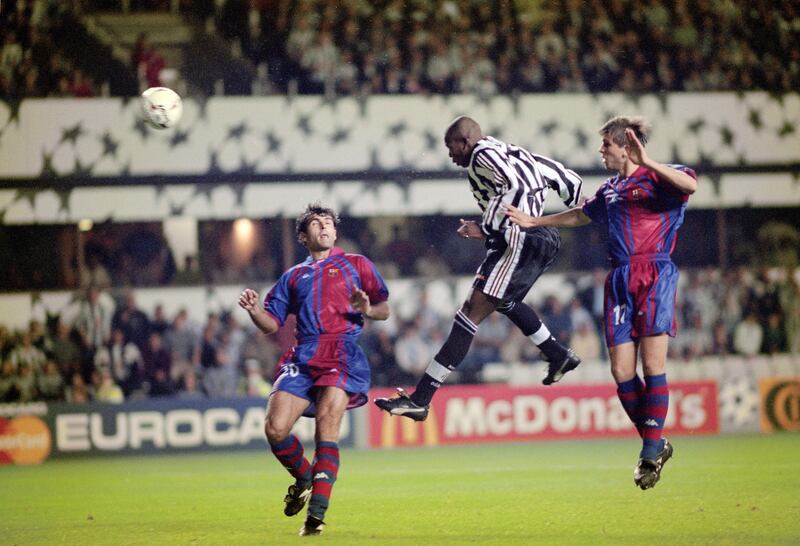Faustino Asprilla scores a third goal for Newcastle against Barcelona during the Champions League match at St James' Park on September 17th, 1997. Photograph: Stu Forster/Allsport/Getty Images