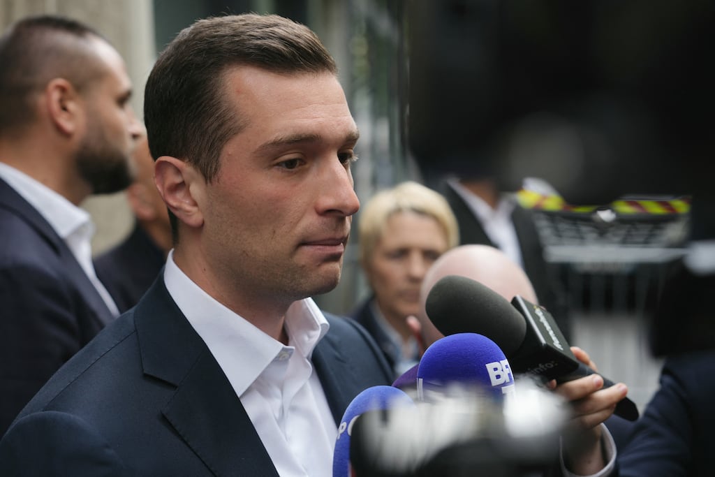 National Rally president Jordan Bardella answers journalists as he arrives to attend at the far-right party's headquarters in Paris on Monday. Photograph: Dimitar Dilkoff/AFP via Getty Images