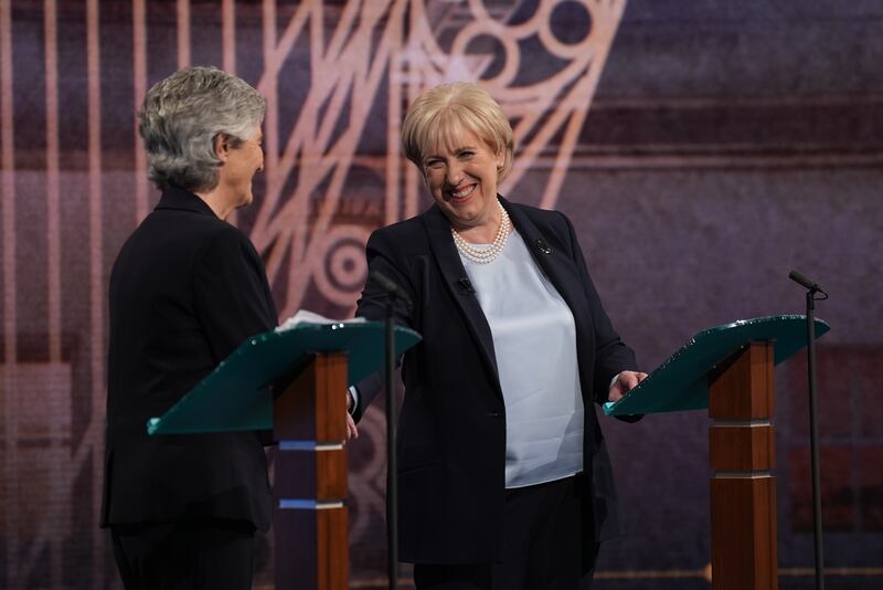 Catherine Connolly and Heather Humphreys share a lighter moment. Photograph: Niall Carson/PA