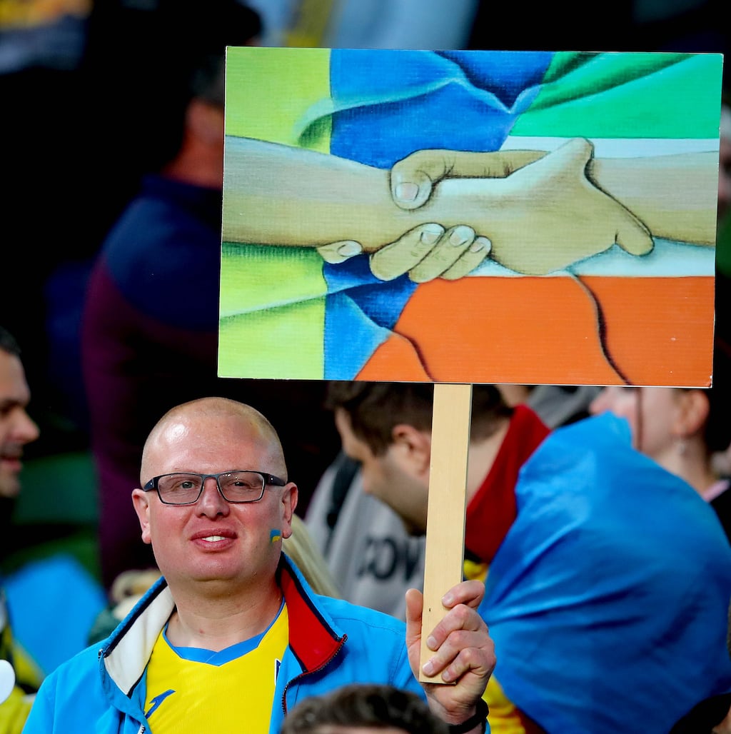 A Ukrainian fan in the Aviva Stadium earlier this month watching Republic of Ireland vs Ukraine