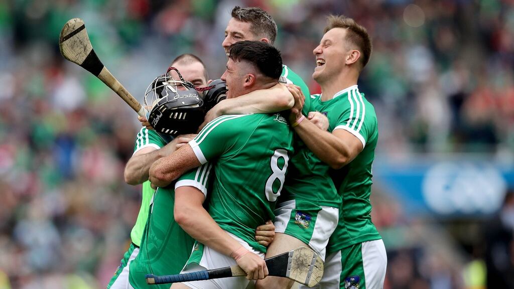 Limerick players Peter Casey, Darragh O’Donovan, Graeme Mulcahy and Séamus Flanagan celebrate at the final whistle of the 2018 All-Ireland semi-final win over Cork. Photograph: Ryan Byrne/Inpho