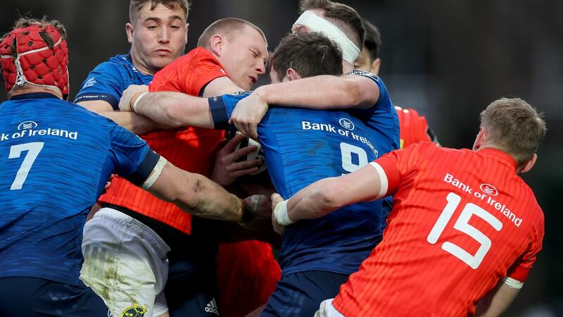 Keith Earls in the thick of things during the Guinness Pro 14 Final against Leinster at the RDS. Photograph: Billy Stickland/Inpho