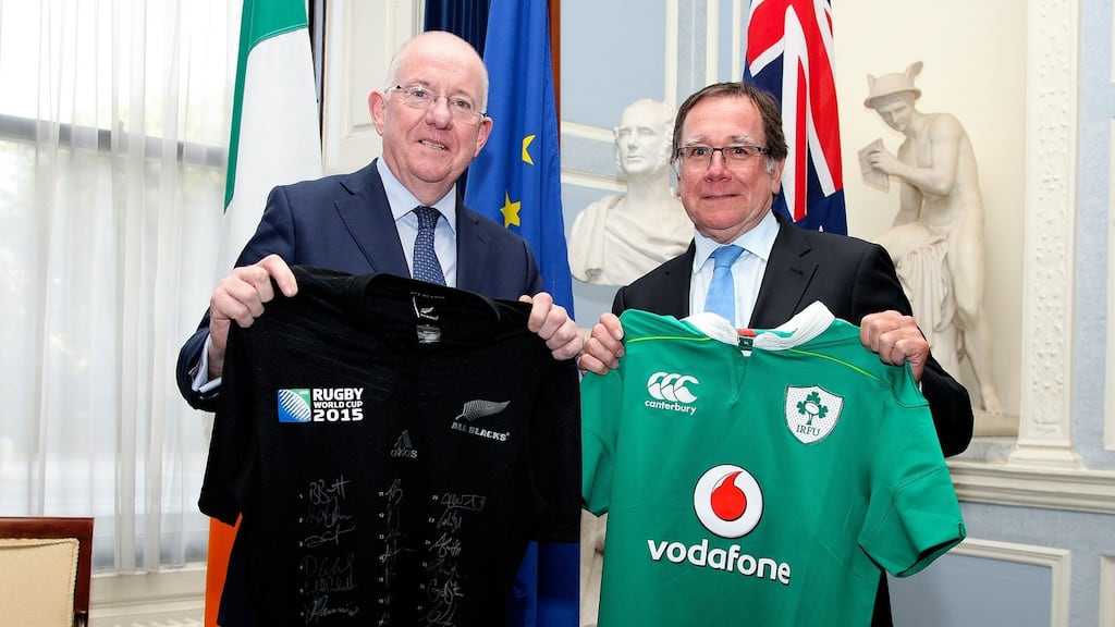 Minster for Foreign Affairs Charlie Flanagan and the New Zealand Foreign Minister Murray McCully at Iveagh House Wednesday. Photograph: Maxwells