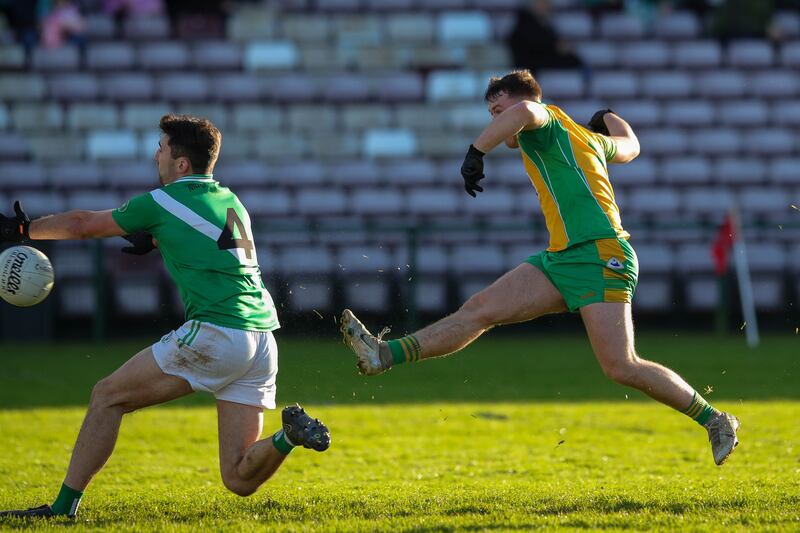 Tony Gill of Corofin scores a goal. Photograph: Natasha Barton/Inpho