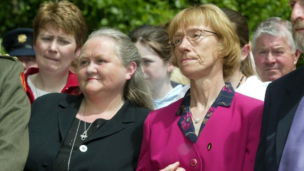Josephine Pender (left), mother of missing woman Fiona Pender, with Mary Phelan, sister of missing woman Jo Jo Dollard, at the unveiling in May 2002 of a monument to missing people made by Kilkenny sculptor Ann Mulrooney. File photograph: Dylan Vaughan