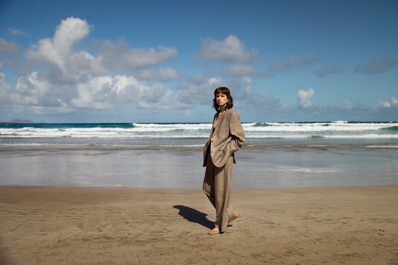 Neasa: taupe Irish linen oversize blazer, €385; taupe Irish linen Bridget trousers, €249