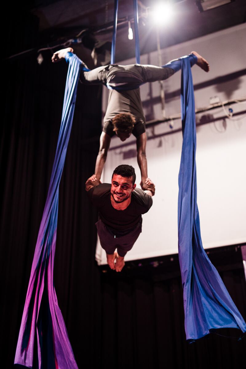 Mohamed El Agla performs on the silks with Mohamed Ebeid during the live circus show.