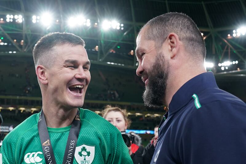 Johnny Sexton and Andy Farrell share a laugh after the win over England. Photograph: Brian Lawless/PA Wire