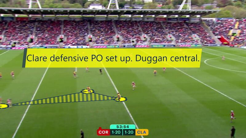 Peter Duggan assisting in defence against the Cork puckout when moved centrally