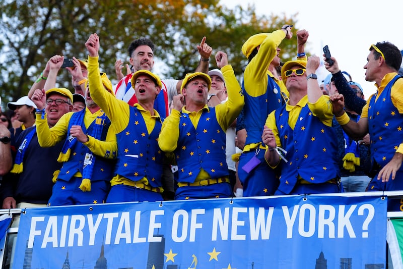 European fans celebrate at the Bethpage Black on Sunday. Photograph: David Davies/PA