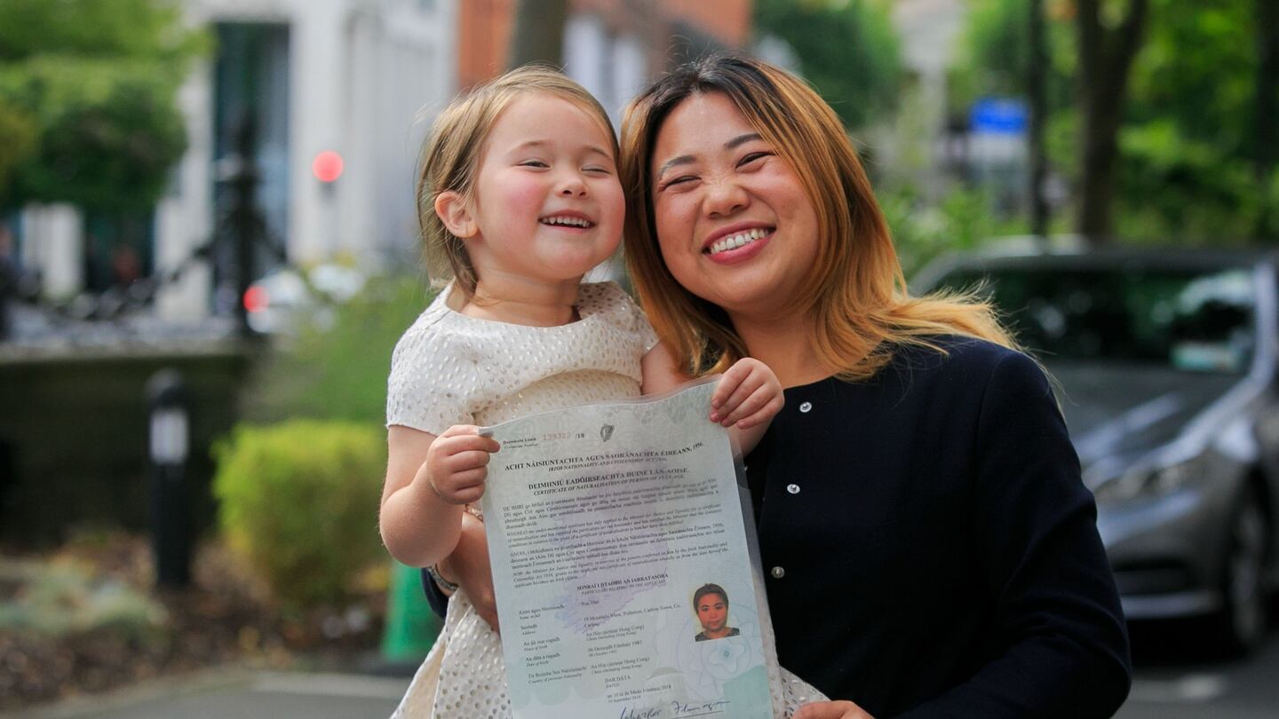 Xue Han, originally from China but now living in Carlow with daughter Elizabeth Rose (4), received Irish citizenship at the NCH ceremony. Photograph: Gareth Chaney/Collins