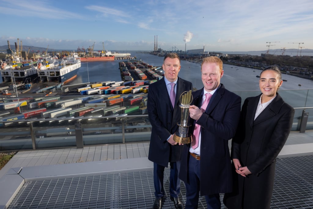 Roger Wallace, partner lead for EY Entrepreneur of the Year, Sam Moffett, managing director and founder of Moffett Automated Storage Ltd, Eimear McCrann, director, EY Entrepreneur of the Year at the launch of the 2024 orogramme. Photograph: Naoise Culhane