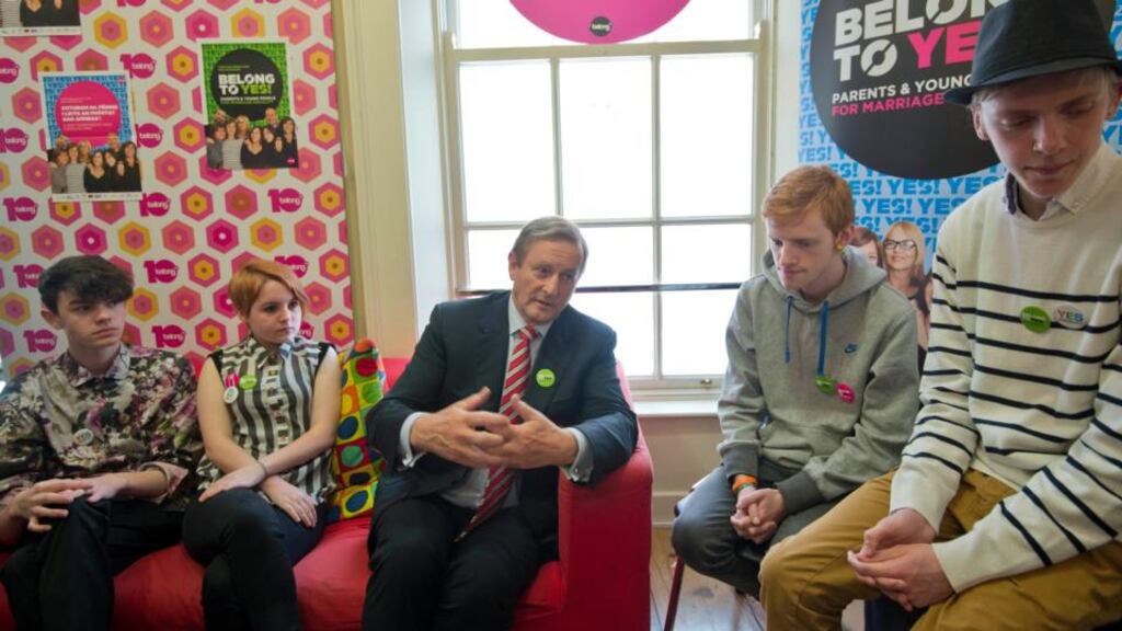 Taoiseach Enda Kenny photographed at the BeLonG To Office in Dublin where he had a meeting with young LGBT people about the impact of the Marriage Equality Referendum. Photograph: Brenda Fitzsimons/The Irish Times.