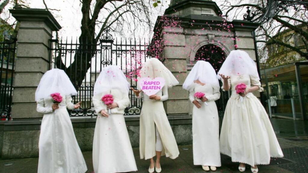 A Women’s Aid protest outside Leinster House, drawing attention to the statistic that one in five women is affected by domestic violence. Photograph: Bryan O’Brien