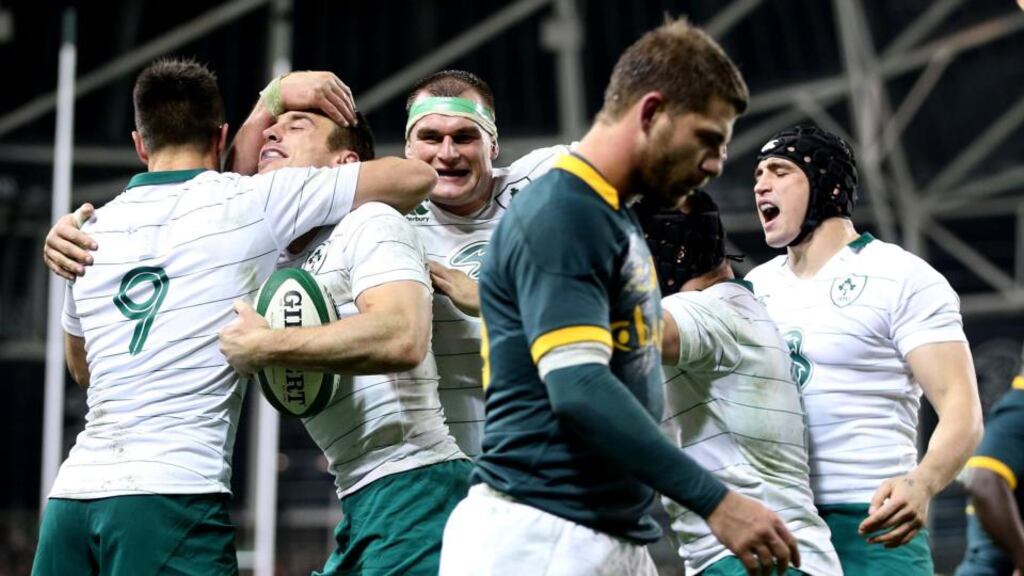 Ireland’s Tommy Bowe celebrates his try against South Africa with Conor Murray, Rhys Ruddock, Richardt Strauss and Tommy O’Donnell. Photograph: Dan Sheridan/Inpho
