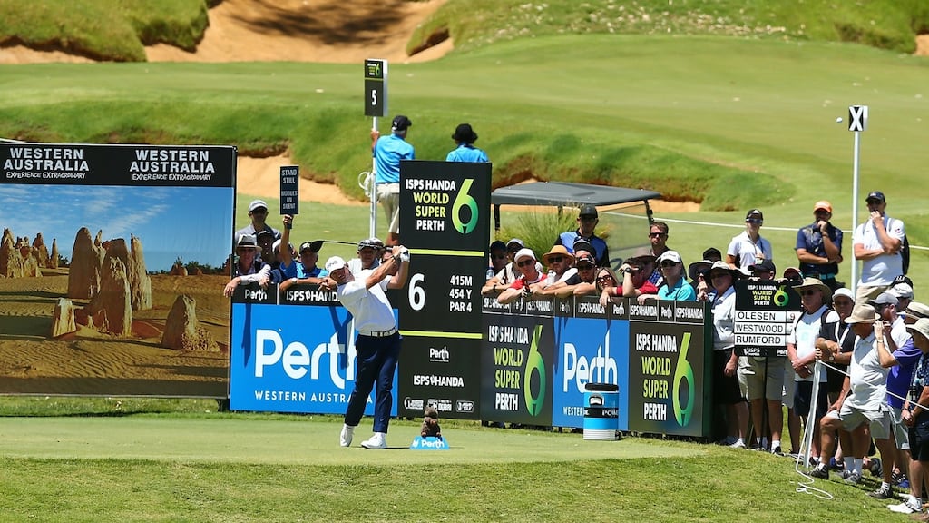 Lee Westwood of England play his tee shot on the 6th hole during day three of the World Super 6 at Lake Karrinyup Country Club in Perth, Australia. Photo: Paul Kane/Getty Images