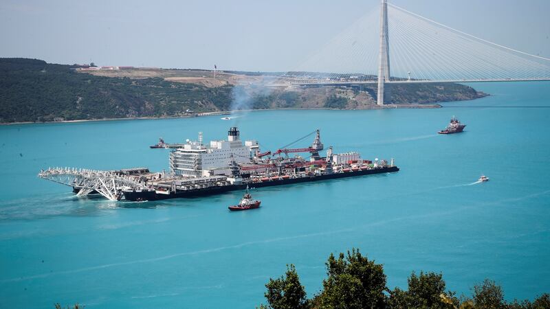 The 382m ‘Pioneering Spirit’ passes through the Bosphorus in Turkey