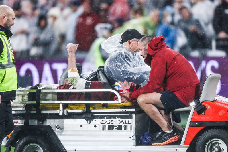 James Ryan gives a thumbs up as he is taken from the pitch. Photograph: Tom Maher/Inpho