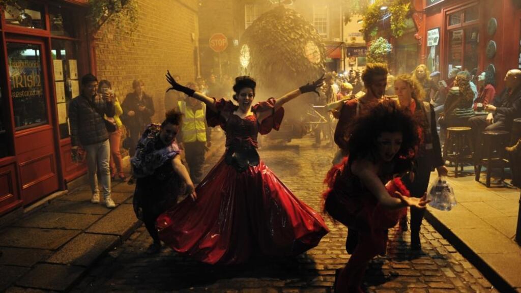 Members of Macnas performance group in Temple Bar, Dublin, during ’the Summoning’, part of last year’s Bram Stoker Festival. Photograph: Aidan Crawley