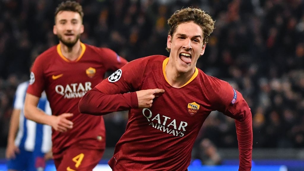 AS Roma midfielder Nicolo Zaniolo celebrates after opening the scoring during the Champions League round of 16 first leg match against FC Porto at the Stadio Olimpico. Photograph: Andreas Solaro/AFP/Getty Images