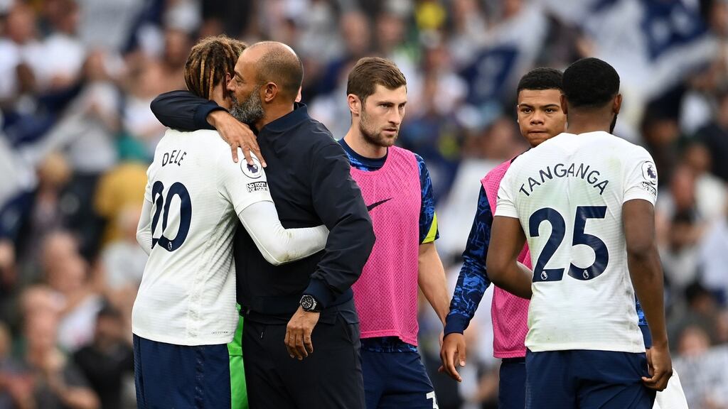 Tottenham manager Nuno Espirito Santo hugs Dele Alli following Tottenham’s 1-0 home win against Manchester City on Sunday. Photograph: EPA