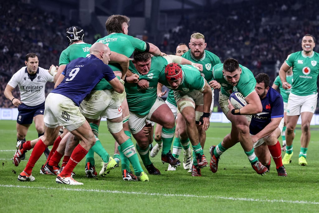 Dan Sheehan scores Ireland's fourth try during the 38-17 Six Nations win over France at the Orange Vélodrome in Marseille last year. Photograph: Dan Sheridan/Inpho