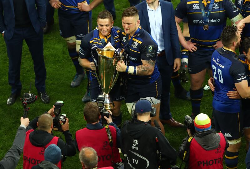Andrew Porter and Jordan Larmour celebrate beating Racing in the 2018 final in Bilbao. Photograph: James Crombie/Inpho