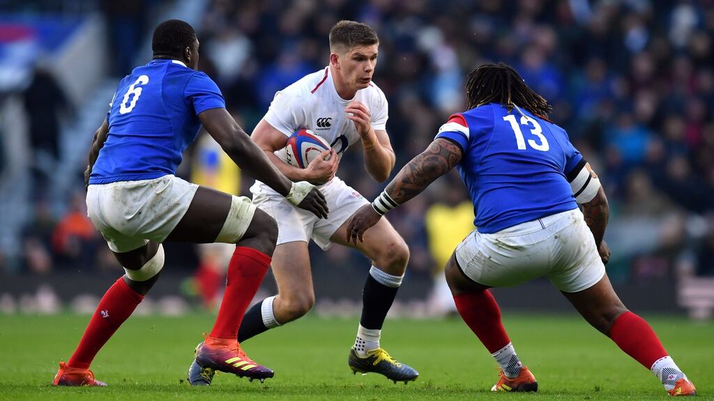 Owen Farrell of England takes on Yacouba Camara and Mathieu Bastareaud of France during their Guinness Six Nations match at Twickenham on February 10th. Photograph: Dan Mullan/Getty Images