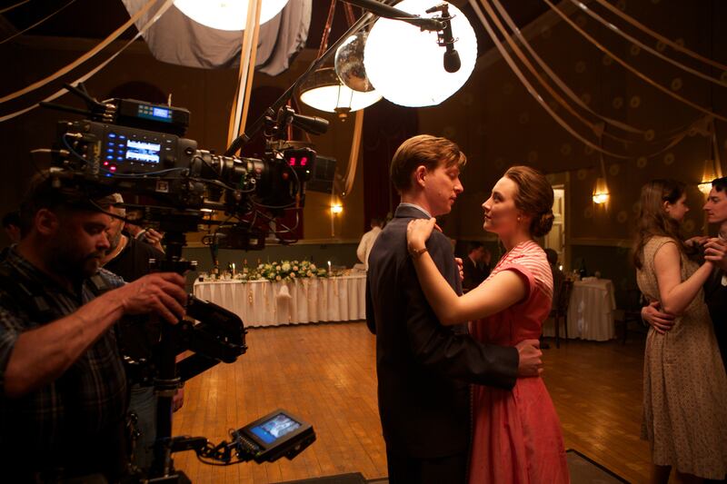 Brooklyn: Saoirse Ronan filming a scene with Domhnall Gleeson. Photograph: Kerry Brown/Twentieth Century Fox
