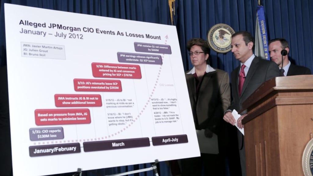 US attorney Preet Bharara (centre) announces criminal charges against two former JP Morgan Chase employees. Photograph:Michael Appleton/New York Times