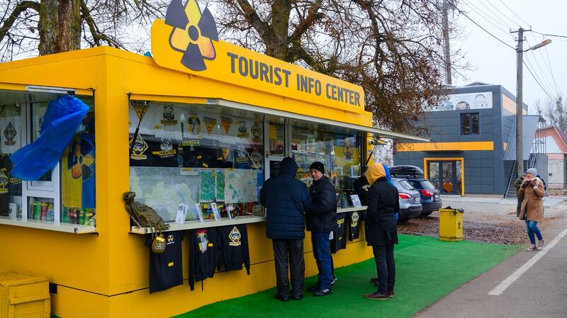 Dityatki, Ukraine - November 11, 2018: A tourist information centre and souvenir shop in front of checkpoint Dityatki in Chernobyl NPP alienation zone, Ukraine. Photograph: iStock/Getty Images