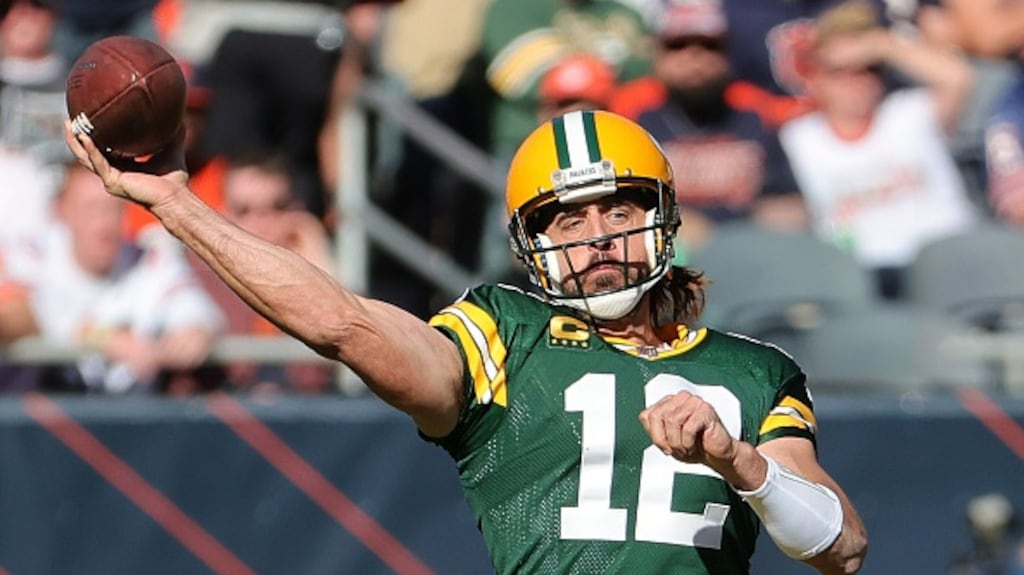 Aaron Rodgers was responsible for three touchdowns as the Green Bay Packers defeated the Chicago Bears on the road at Soldier Field. Photograph: Jonathan Daniel/Getty Images