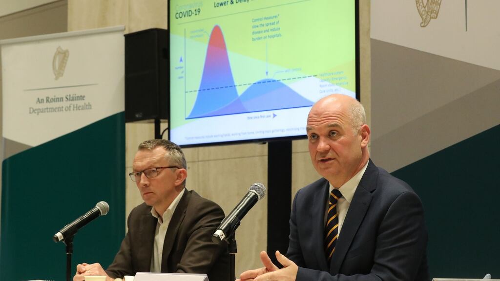 Dr Colm Henry, the HSE’s chief clinical officer, and Dr Tony Holohan, chief medical officer at the Department of Health, at the latest briefing on the Covid-19 virus. Photograph: Nick Bradshaw for The Irish Times