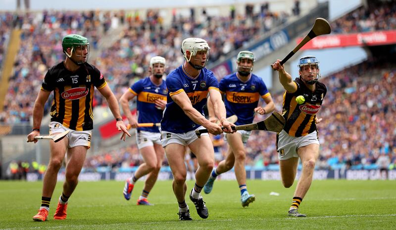 Kilkenny’s Eoin Cody and Stephen Donnelly close in on Bryan O’Mara of Tipperary during the All-Ireland SHC semi-final. Photograph: Ryan Byrne/Inpho