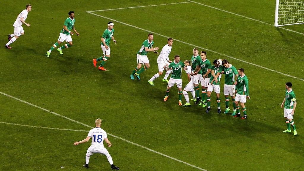 Iceland’s Hordur Bjorgvin Magnusson scores their first goal from a free kick during the friendly against the Republic of Ireland at the Aviva Stadium. Photograph: Tommy Dickson/Inpho
