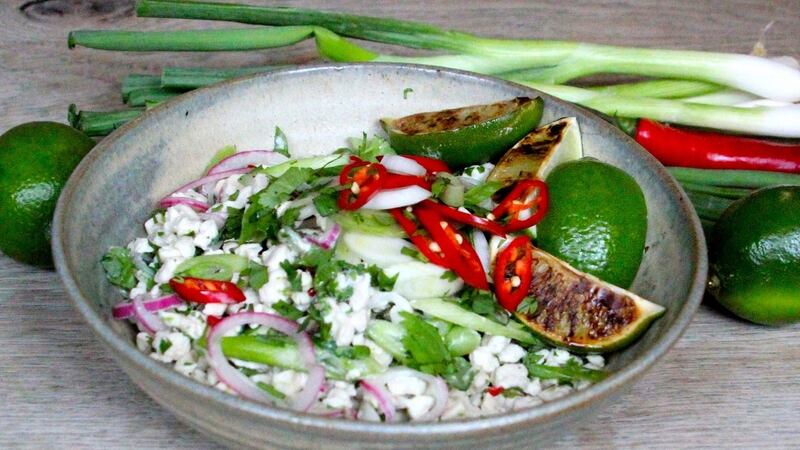 Chicken larb with grilled cabbage and lime.