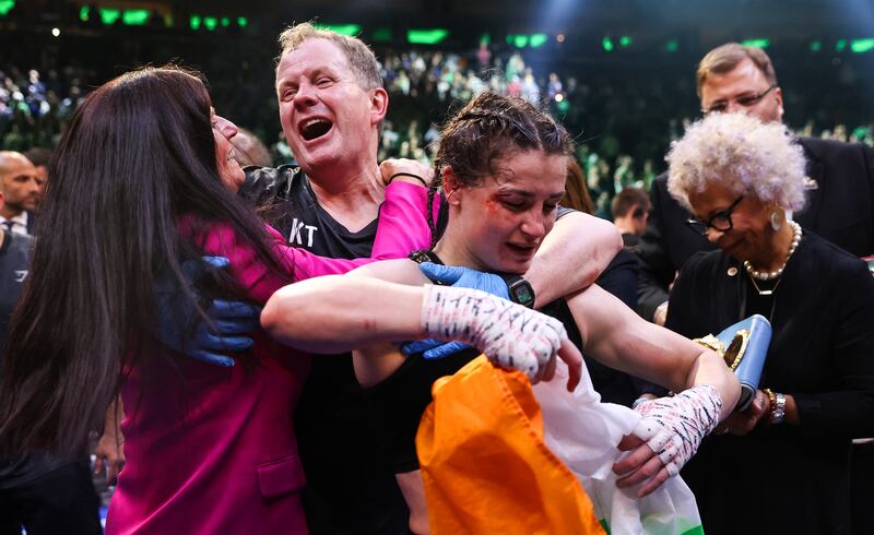 Katie Taylor with her mother Bridget and manager Brian Peters after her win over Amanda Serrano at Madison Square Garden in April. Photograph: Gary Carr/Inpho