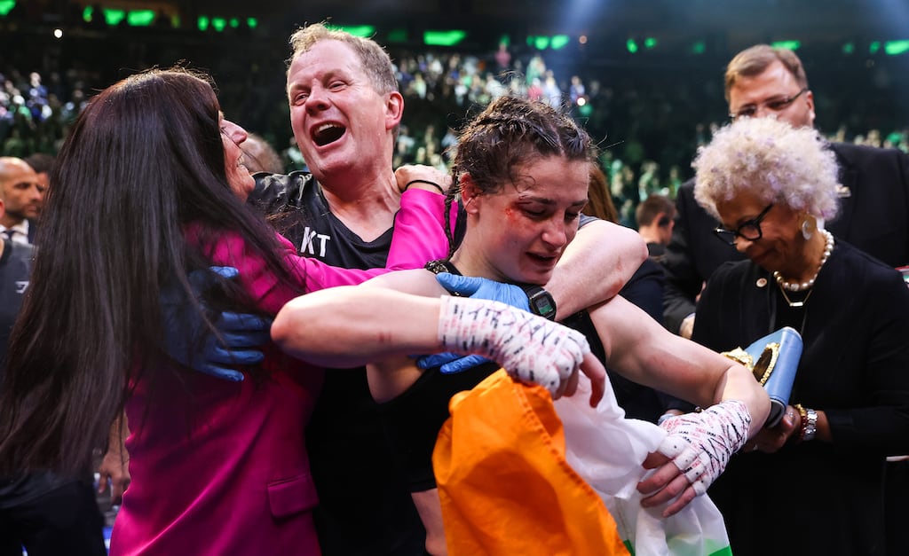 Katie Taylor celebrates beating Amanda Serrano last April. Photograph: Gary Carr/Inpho