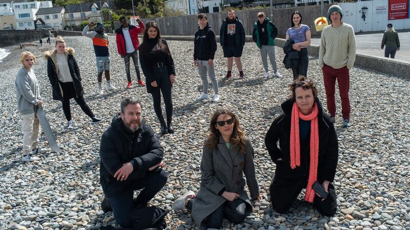 Adrian McCarthy (producer/director), Judy Kelly (director) and Oda O’Carroll (producer) with the participants of Our Town. Photograph: Arthur Janowsky