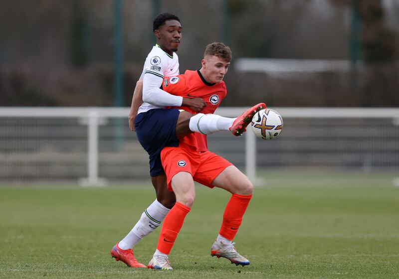 Brighton's Mark O'Mahony in action against Tottenham's Malachi Fagan-Walcott during a Premier League 2 clash at Tottenham Hotspur Training Centre. Photograph: Paul Harding/Getty Images