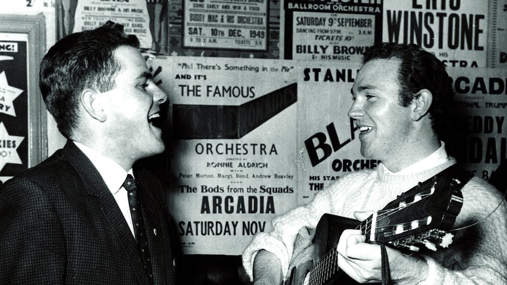 Seán O Sé with Liam Clancy at a Saturday night dance at the Arcadia Ballroom in 1962. Photograph: Irish Examiner