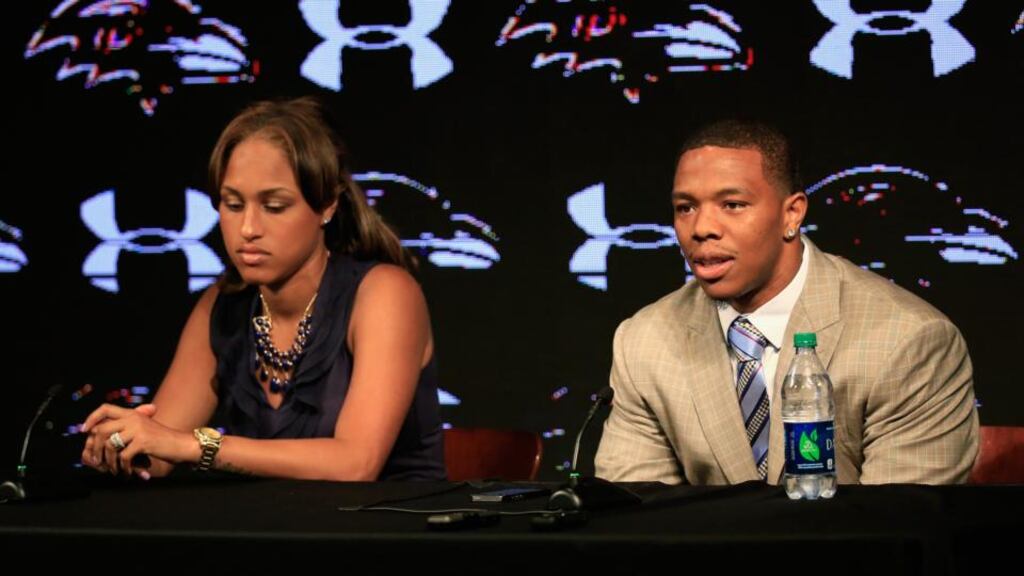 Janay Rice and her husband Ray Rice during a press conference after video emerged of him dragging her out of an elevator at an Atlantic City casino in February. Footage showing him punching her and knocking her out has since been revealed. Photograph: Rob Carr/Getty Images