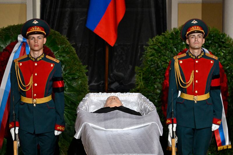 Honour guards stand by the coffin of Mikhail Gorbachev during a memorial service at the Column Hall of the House of Unions in Moscow, on Saturday. Photograph: Alexander Nemenov/AFP via Getty Images