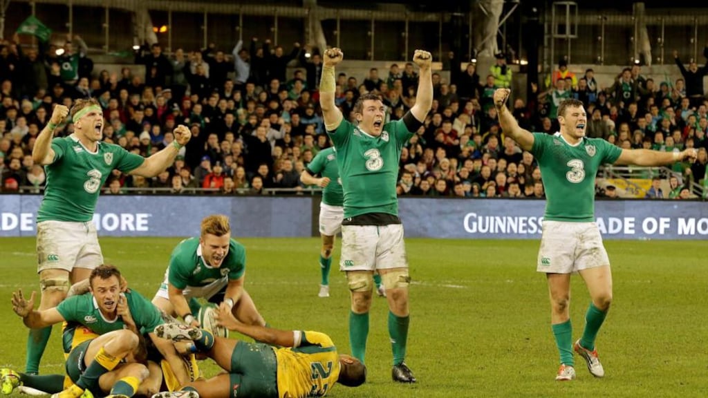 Ireland’s Jamie Heaslip, Ian Madigan, Peter O’Mahony and Robbie Henshaw celebrate on the final whistle after defeating Australia at the Aviva Stadium on Saturday. Photograph: Inpho