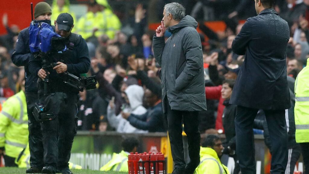 Jose Mourinho addresses the camera after Manchester United’s 1-0 win over Spurs at Old Trafford. Photograph: Martin Rickett/PA