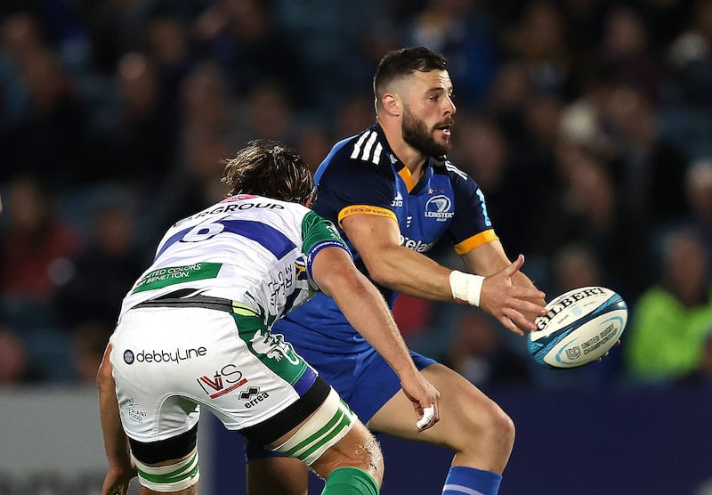 Benetton Rugby's Giovanni Pettinelli looks to close down Robbie Henshaw of Leinster at the RDS. Photograph: Bryan Keane/Inpho