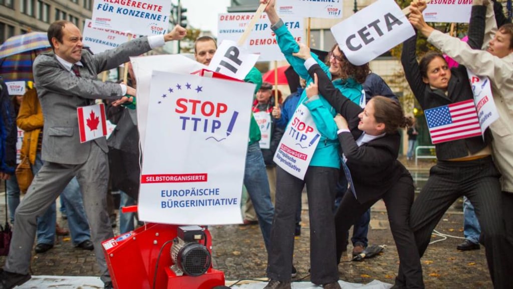 Activists protest against planned trade pacts, the Transatlantic Trade and Investment Partnership and Ceta (Comprehensive Economic and Trade Agreement) with the US and Canada, in Berlin earlier this month. Photograph: Reuters