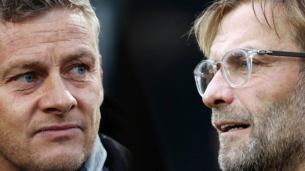 Ole Gunnar Solskjaer and Jurgen Klopp whose sides meet at Old Trafford on Sunday.  Photos: Getty Images
